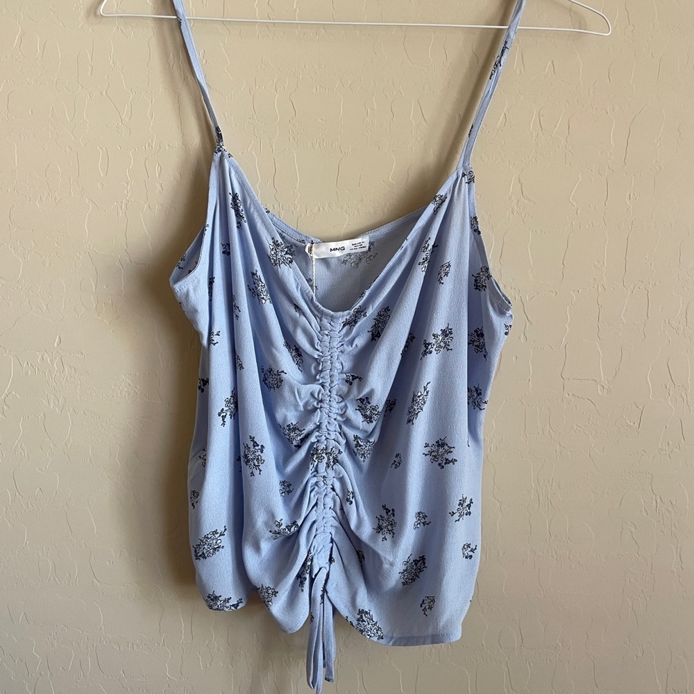 Mango Floral Print Top Cinched Ruched Powder Baby Blue Spaghetti Strap L XL - Picture 4 of 8